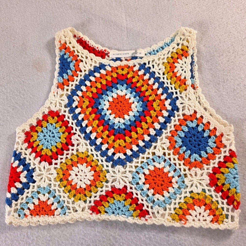 Altar'd State Crochet Granny Square Crop Top Multi-Color Boho Tank W8696-24 M